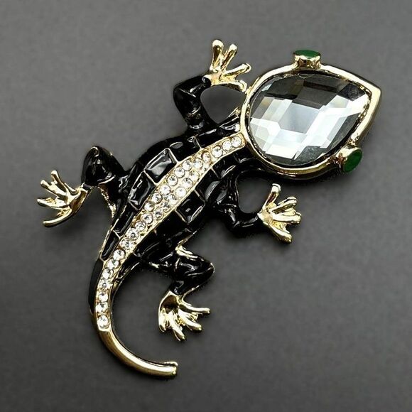 Yellow Gold with White Diamond and Gray Crystal Enamel Lizard Pin Back Brooch - Picture 1 of 8